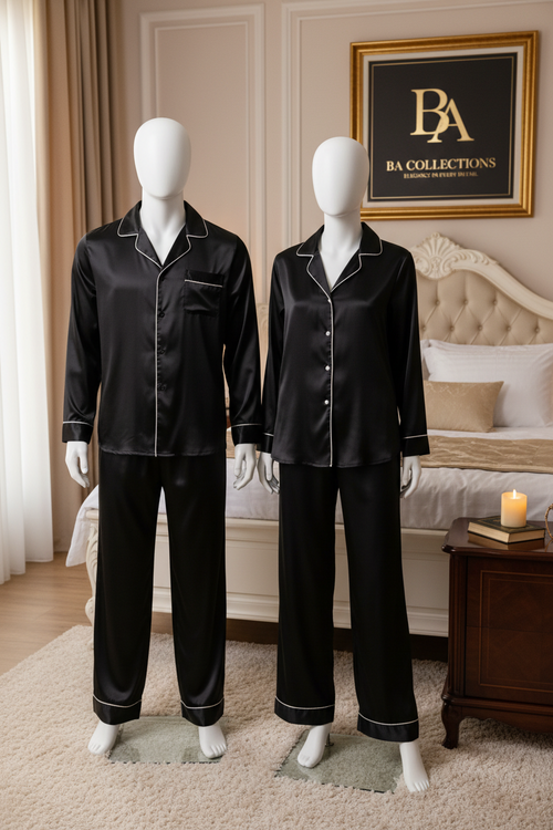Couple silk night suit in black — his and her matching set by BA Collections