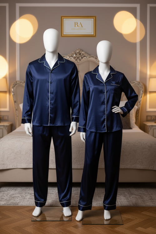 Couple silk night suit in navy blue — his and her matching set by BA Collections