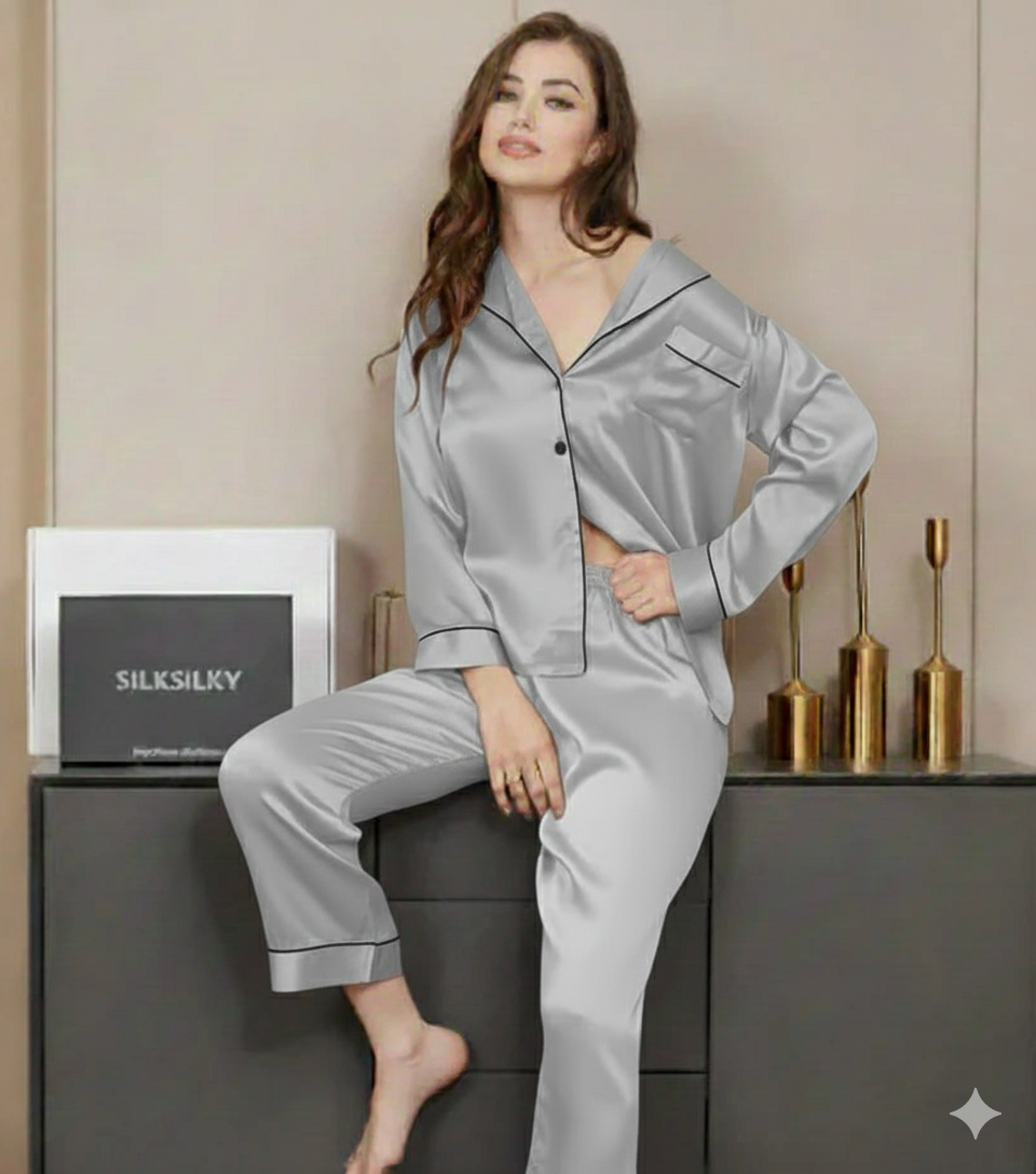 PLAIN SILK NIGHT SUIT - Baggy Trouser